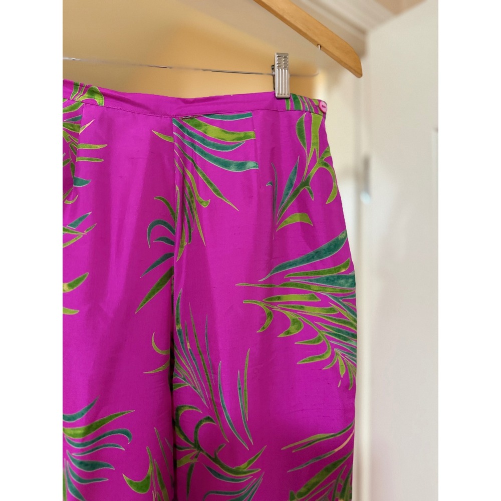 Vintage Womens Y2K Patchington 100%Silk Tropical Palm Print Pants Pink Coastal 8 - Picture 3 of 5